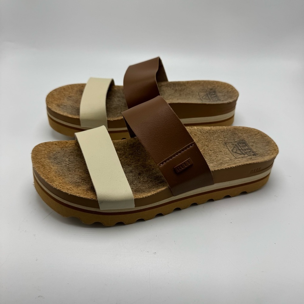 Reef Cushion Vista Hi Slide Sandal Size 8 Brown Cream Platform Vegan Leather - Picture 5 of 8